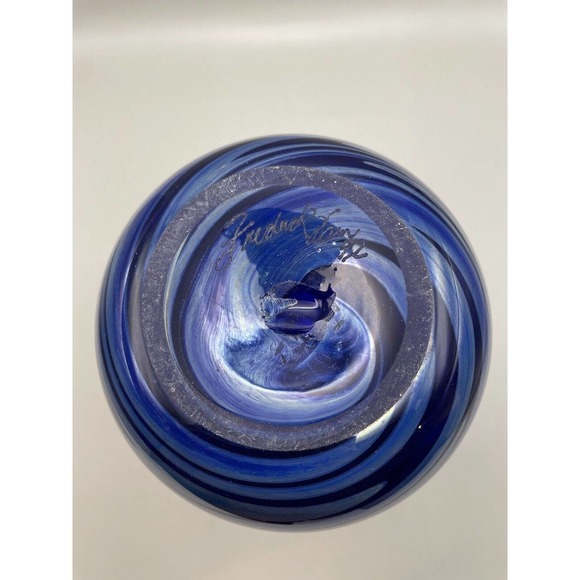1992 Frederick Warren Art Cobalt Blue Glass Vase w/ Swirls of Blue & Silver - Picture 9 of 12